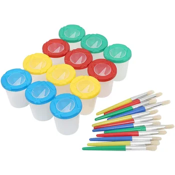 

12 Piece Children's No Spill Paint Cups 3.3Inches Tall with Colored Lids and 12 Piece Round Brush Set