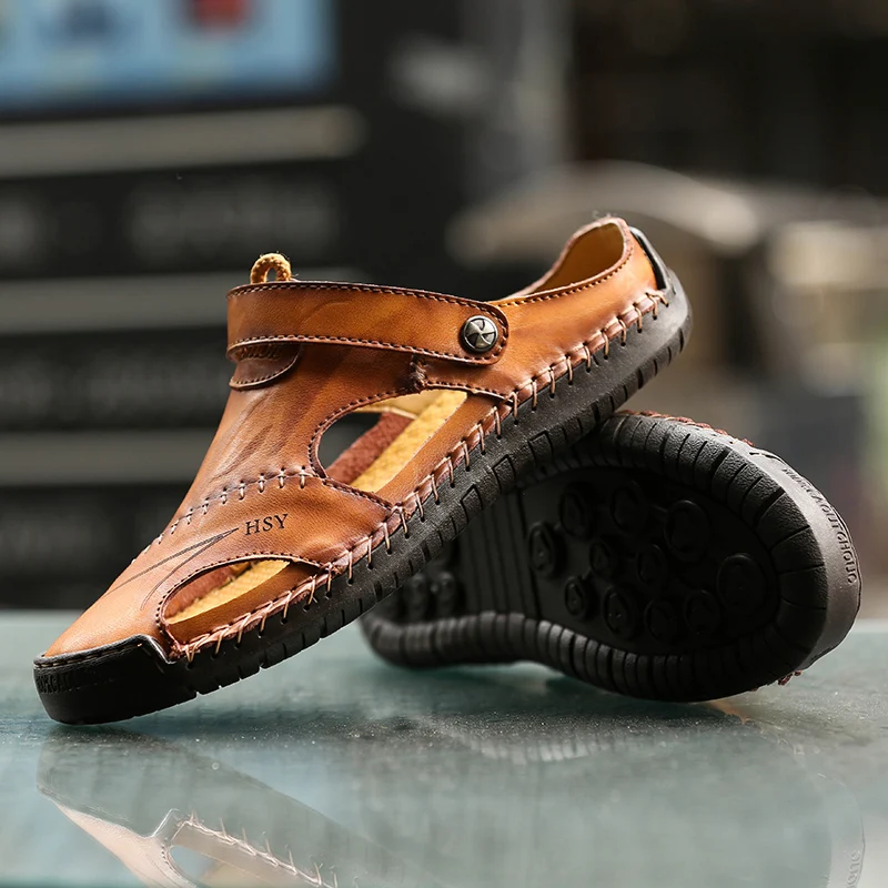 Sandales en cuir véritable pour hommes, pantoufles de plage, antidérapantes, souples, confortables, chaussures d