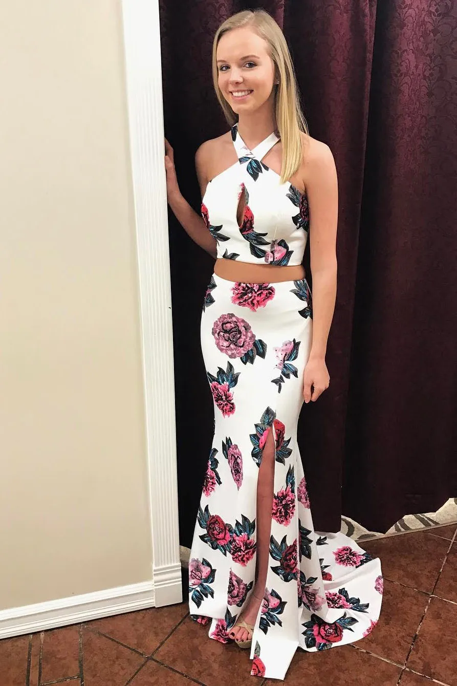 Twee stuk mermaid hoge split bloem lange rok prom jurk jurk Twee stuk mermaid hoge split bloem lange rok prom jurk jurk