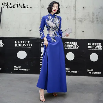 

Vintage High Neck Royal Blue Evening Dresses Long A-line Floor-length Luxury Appliques Spandex Satin Long Sleeve Formal Gown