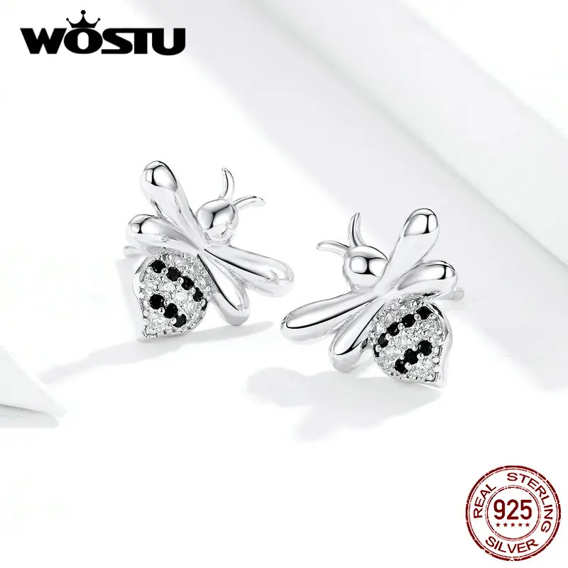 WOSTU 925 пробы серебряные маленькие гвоздики Пчелка серьги для женщин Свадебные маленькие серьги с животными модные вечерние ювелирные изделия CQE749