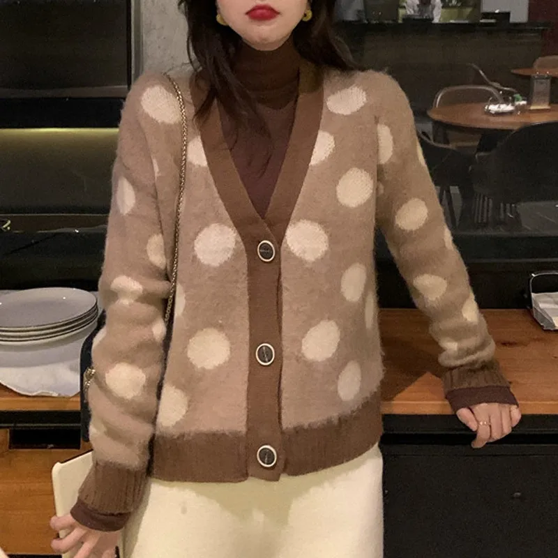 coffee sweater women RealShe вязаный женский кардиган с v-образным вырезом, длинным рукавом, пуговицами, свитер в горошек для женщин, весна, повседневный элегантный кардиган для женщин - Цвет: coffee sweater women