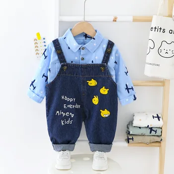 

Baby boy clothes new long-sleeved two-piece airplane printed shirt jeans suspenders pants suit cartoon casual sports baby suit