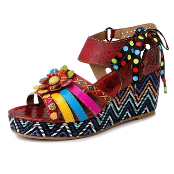 

Bohemia Sandals Pattern Genuine Leather Floral Hook Loop Comfortable Wedge Heel Sandals Elegant Women Shoes
