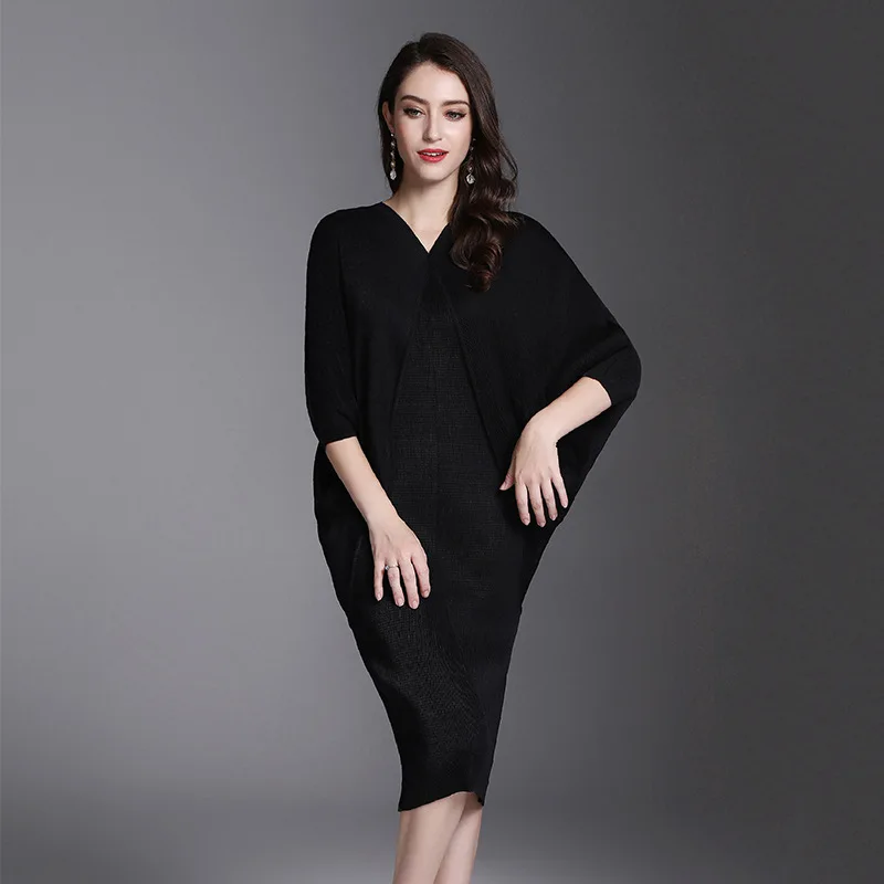 Summer Wear New Style Miyake Still Pleated Bat Sleeve Dress Loose And Plus-sized Pleat Dress 200 Wearable