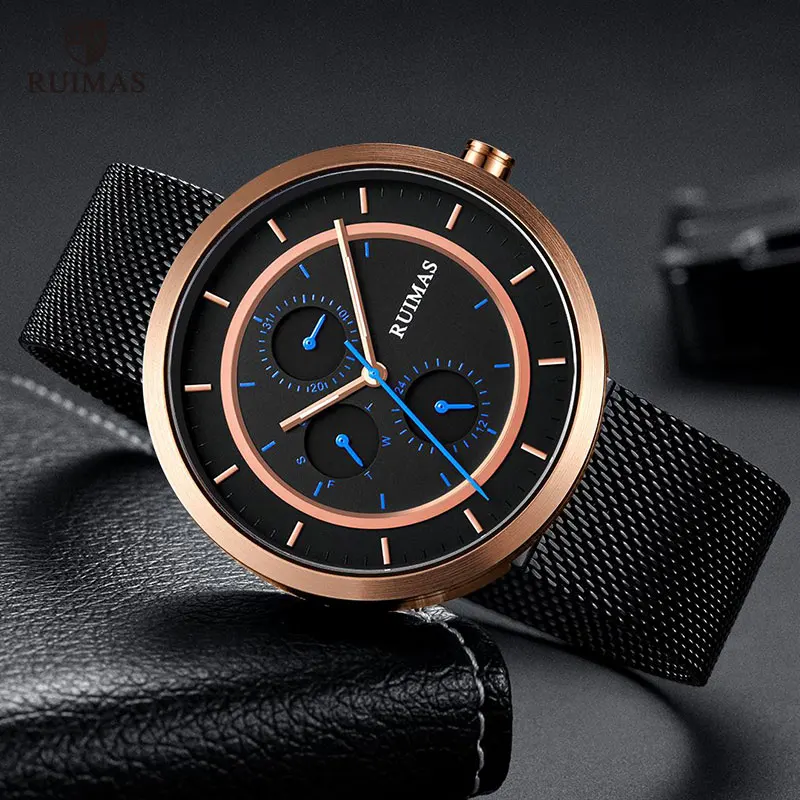 

RUIMAS 2019 Luxury Watch Men Week Date Month Quartz Wrist Watches Male Milanese Mesh Bracelet Top Brand Army Clock Relogio 569