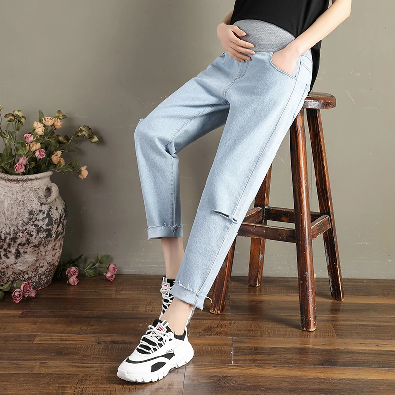 Джинсы для беременных женщин, зауженные джинсы, летние джинсовые брюки длиной до лодыжки размера плюс с дырками, свободные брюки для беременных