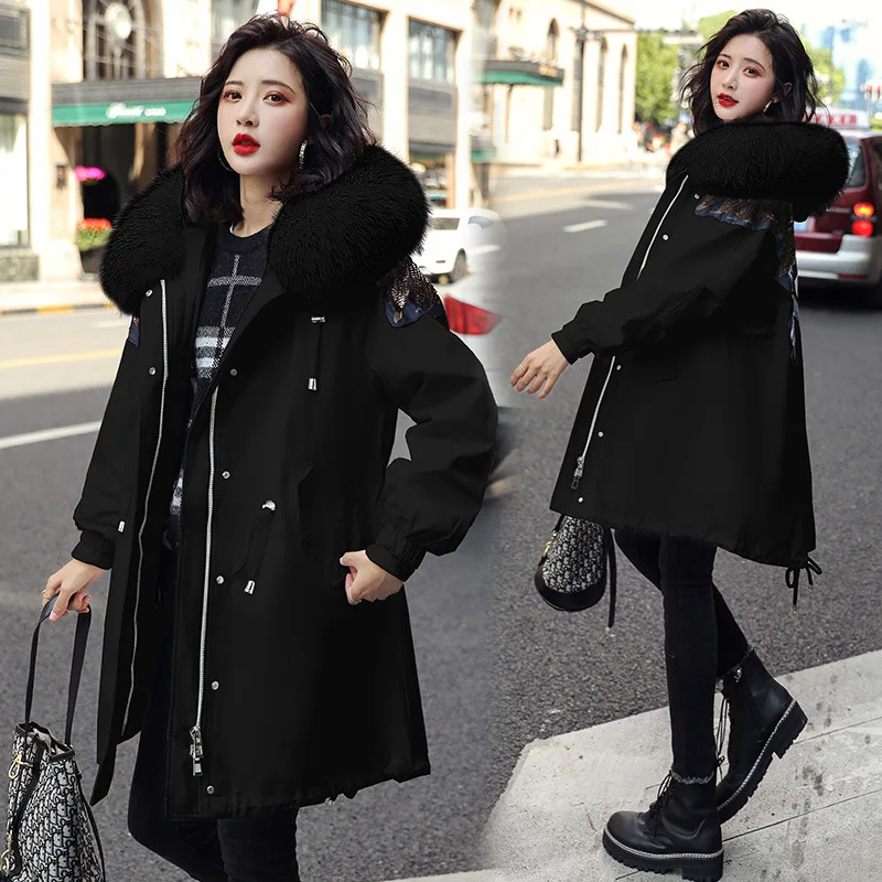 

CHIC Large Fur Collar Cotton-padded Clothes Women's Mid-length Winter South Korea INS Students Versatile Loose-Fit BF Hooded Cot