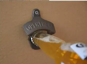 

100pcs/lot Free Shipping Wall bottle Opener Wine Beer Mount Cap IRON CAFE BAR WALL OPEN HERE Retro vintage fixed wall-mounted