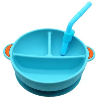 

Baby Plate Divided Food Bowl with Straw Non-Slip Portable 3 Grid Silicone Feeding Dish Tableware