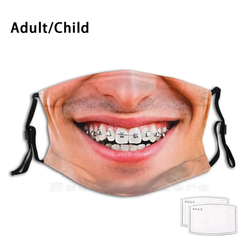 

Funny Smiling Man Braces Mask ( Realistic Face ) Funny Print Reusable Filter Face Mask Funny Man Braces Man Mand With Braces