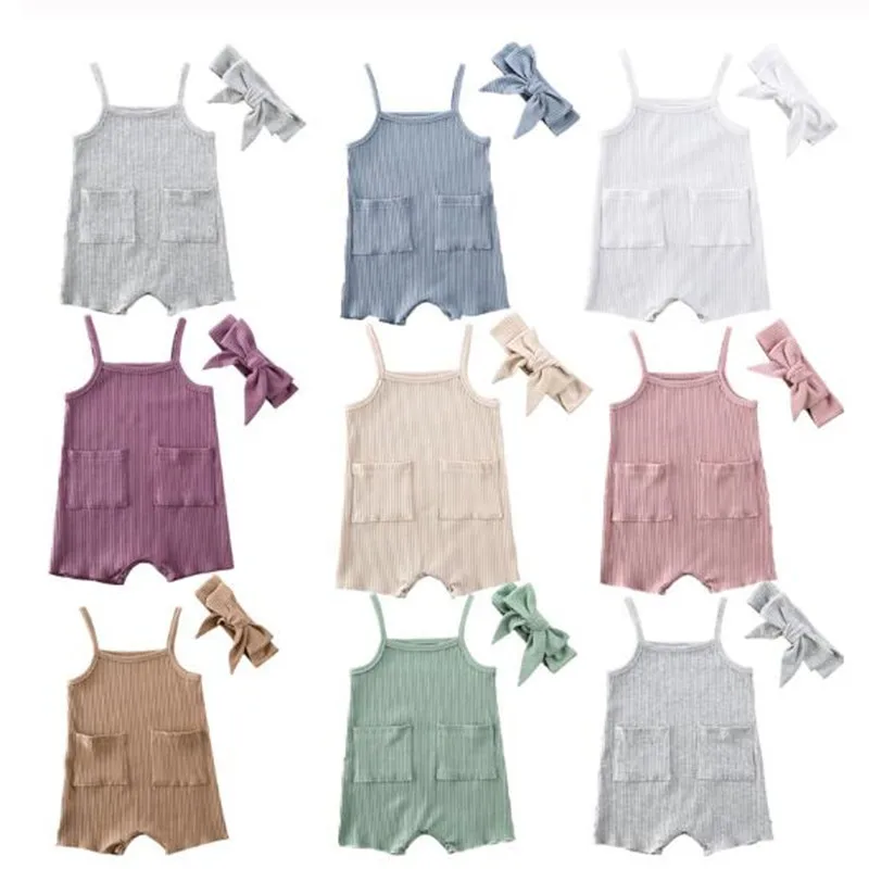 Vêtements d'été pour nouveau-né | 0-24M, vêtements pour bébé fille garçon sans manches, sangle à bandoulière, barboteuse, pour bébé fille garçon, salopette en coton + bandeau