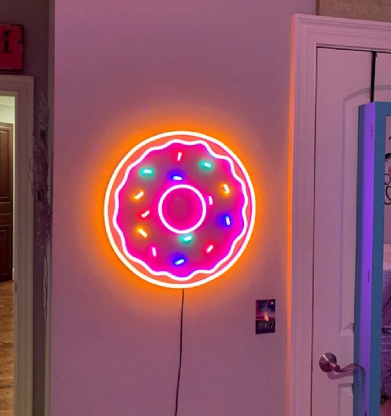 Personalizado donut multicolorido led flex acrílico transparente sinal de néon luz parede pendurado para casa quarto decoração