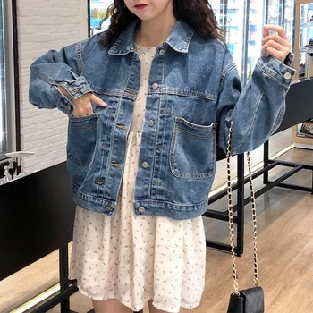 

Solid Turn-down Collar Denim Jackets Women Casual Spring Autumn Korean Jean Coats Streetwears Female Fashion Loose Outwears New