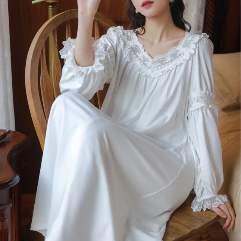 Victorian Nightgowns Cotton White Night Dress Women Vintage Ruffles