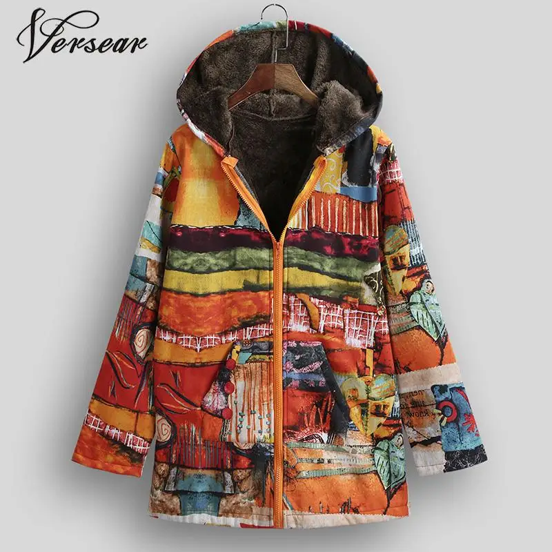 

Versear Ethnic Women Jacket Colorful Graffiti Print Faux Fur Lining Hooded Coats Casual Long Sleeve Pockets Outerwear Plus Size