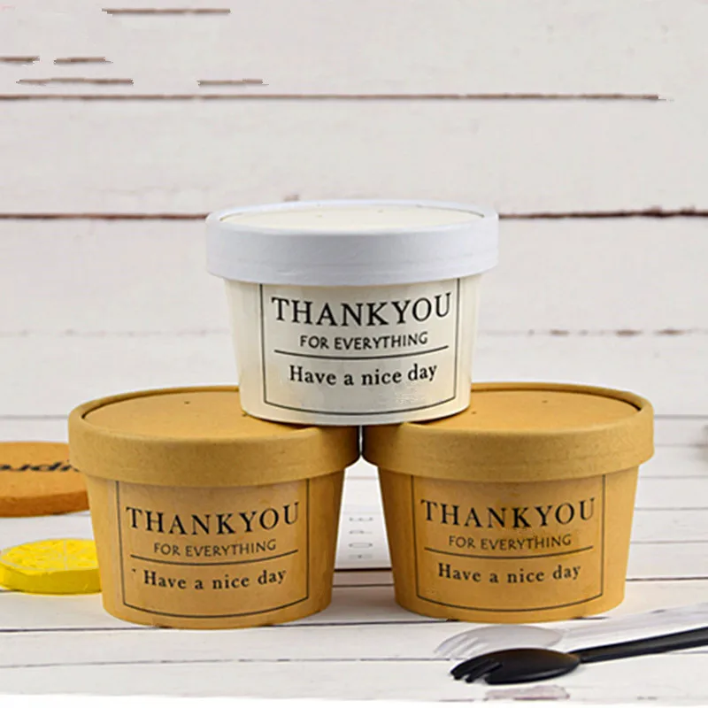 

10pcs High quality kraft paper whtie/yellow disposable dessert cup 270ml small round creative cake ice cream paper cup with lid