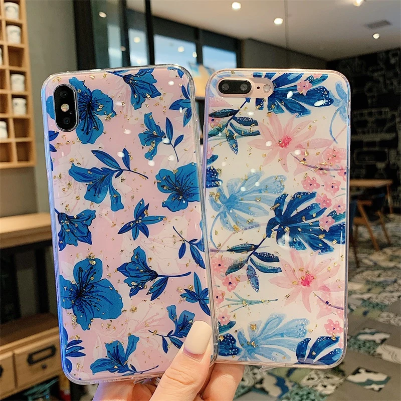 Чехол для iPhone 6 6s 7 8 Plus 10 11 X XS XR Pro Max Bling Блестки Золотая фольга мраморный цветок