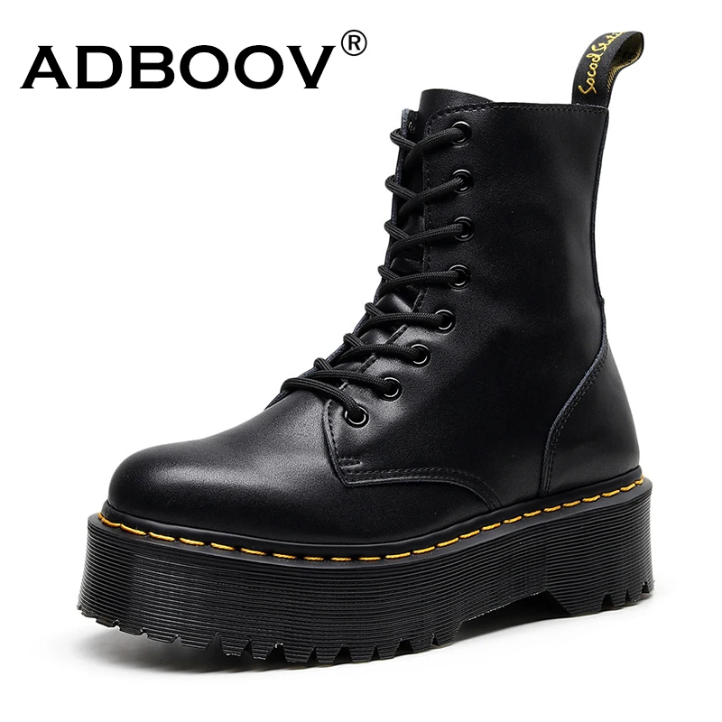 

ADBOOV Genuine Leather Ankle Boots Women Thick Sole Martern Boots Platform Dr Black Booties Woman Buty Damskie