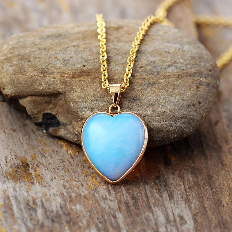 Natural Stone Heart Shape Necklace Earring Set Opal Gold Tone Jewelry Sets Classic Elegant Teengirls Women Anniversary Jewelry