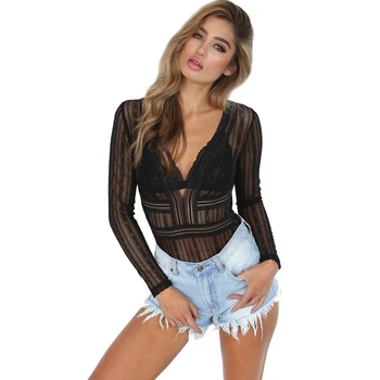 

High quality Lace Bodysuit Women Floral Embroidery Deep V Neck Sexy Bodysuit Dot Patchwork Jumpsuit Overalls 2019 Femlae Body