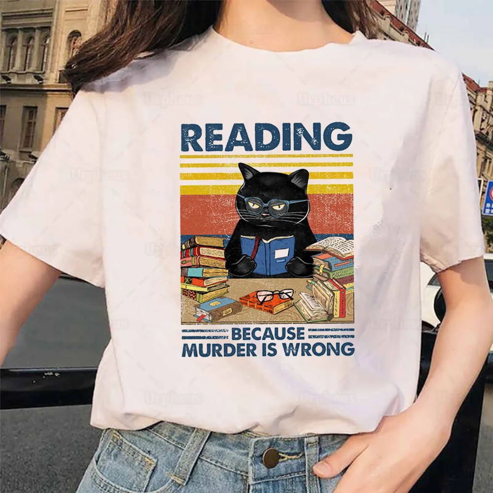Vintage Style Black Cat T Shirt Reading Because Murder Is Wrong Funny Book Lovers Graphic Cotton Tees