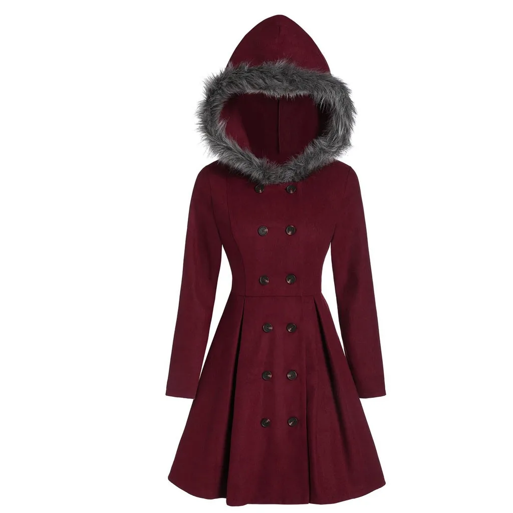 Приталенное женское Шерстяное теплое пальто с юбкой, двубортное женское пальто с меховым воротником, теплая верхняя одежда из чистого кашемира - Цвет: RD