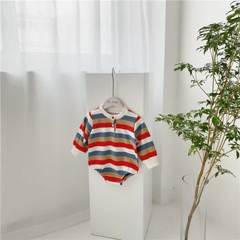 

3177 Spring New Baby Rainbow Striped Long Sleeve Romper Girls Boys Bodysuit Overalls Newborn Wear Children Clothes