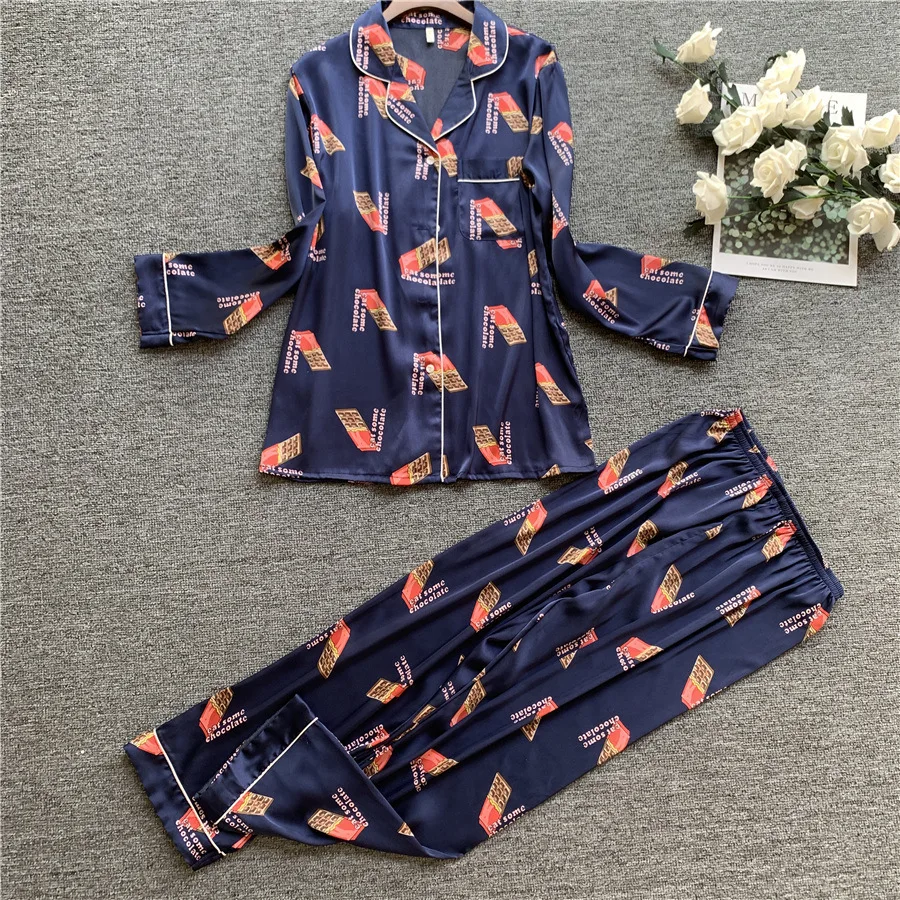 Spring and summer silk women's long sleeve printing Pajama suit sweet home outfit large SILK PAJAMA women's home clothes