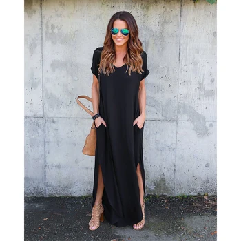 

Summer V Neck Maxi Dress Women Short Sleeve Elegant Female Slim Party Dresses Ladies Solid Split Clubwear Vestidos Black LJ9223V
