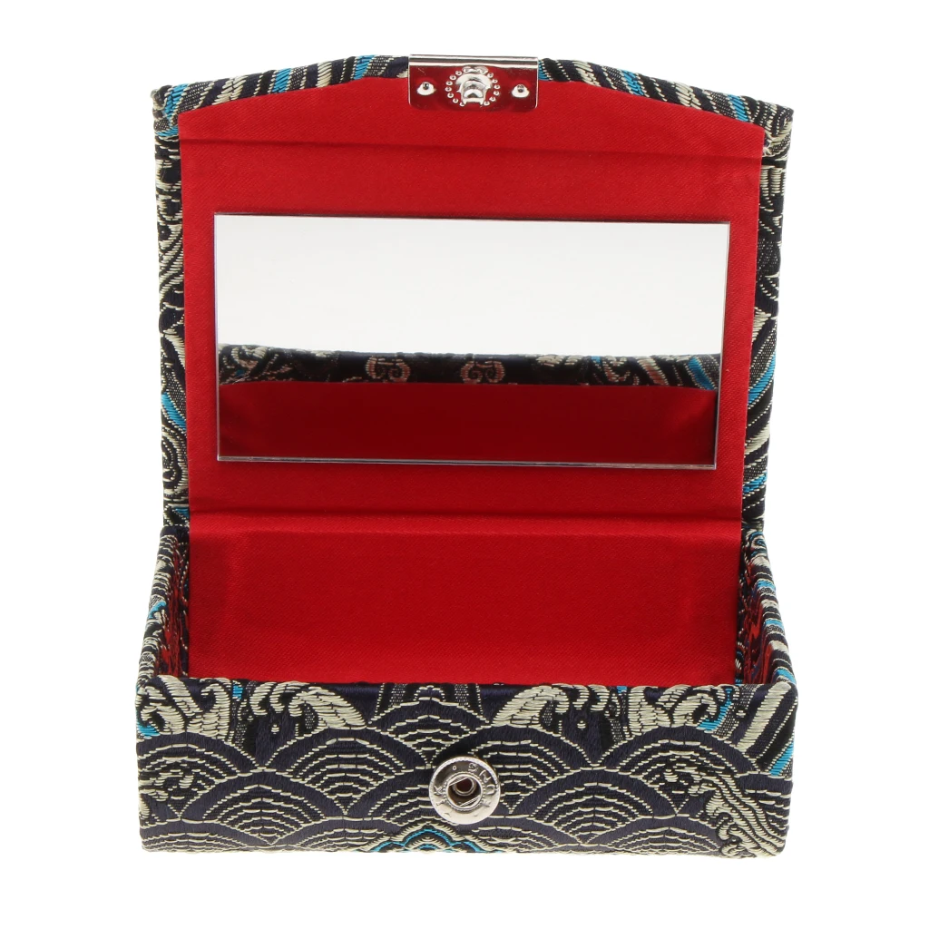 Retro Brocade Embroidered Chinese National Costume Design Lipstick Jewelry Case Holder Box With Mirror- Holds 2 Lipsticks
