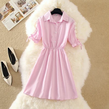 

Striped Casual Dress Women Turn-down Collar Short Sleeve A-line Short Dress Vintage Female Summer Mini Dress Partysu Vestidos