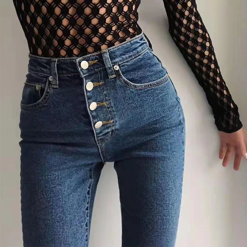 

Personality Fit Stretch Denim Length Denim Tight Trousers Four Buttons Breasted High Waist Skinny Stretch Jeans Autumn Winter