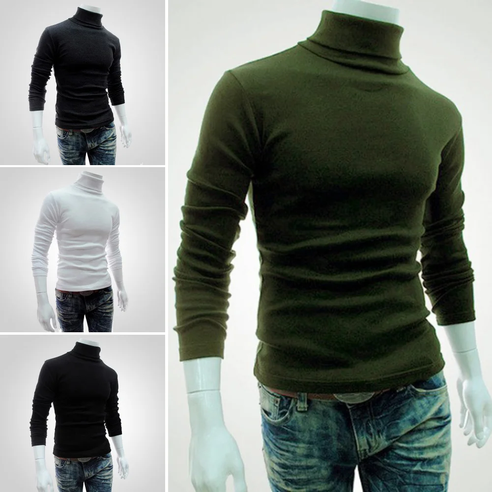 Men Autumn Solid Color Long Sleeve Turtle Neck Knitted Slim Bottoming Shirt
