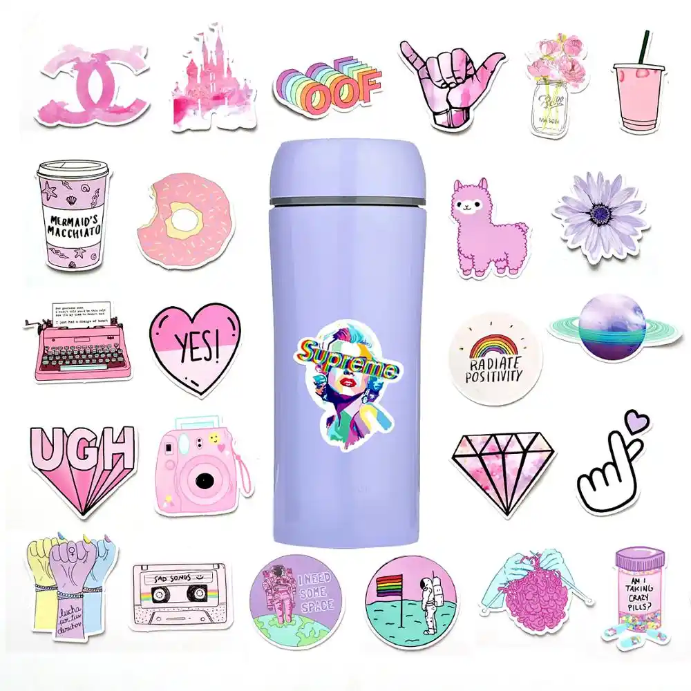 53 Pcs Pink Aesthetic Sticker Pack Vinyl Waterproof Water Bottle Laptop Feminists Trendy