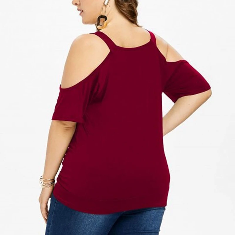 Женская футболка большого размера 3XL-7XL, обхват груди 128 см, кружевная рубашка с открытыми плечами, однотонная Повседневная футболка с круглым вырезом и коротким рукавом