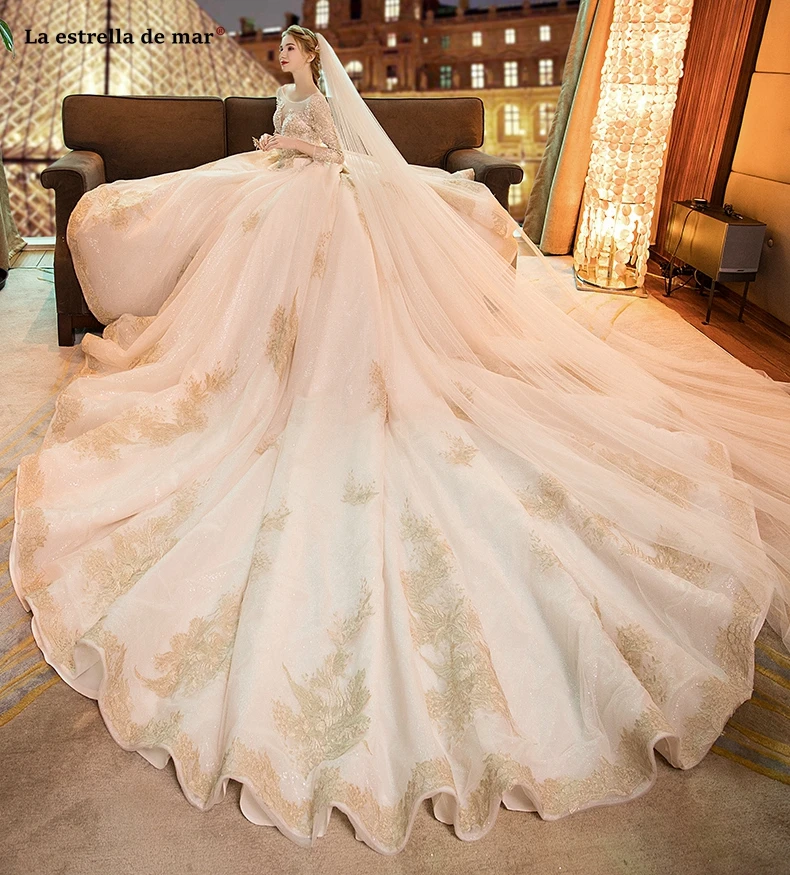 Vestido de noiva кружевной круглый вырез тюль бисером аппликация золотого цвета с длинными рукавами бальное платье цвета слоновой кости венчальное свадебное платье высокого качества r
