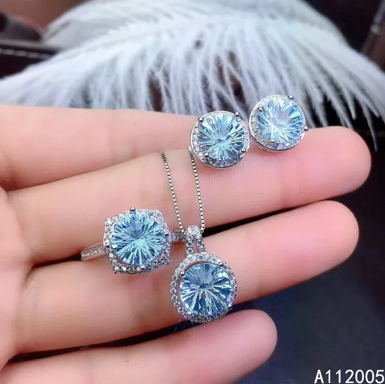 

KJJEAXCMY Fine Jewelry 925 sterling silver inlaid natural blue topaz female ring pendant earring set exquisite supports test