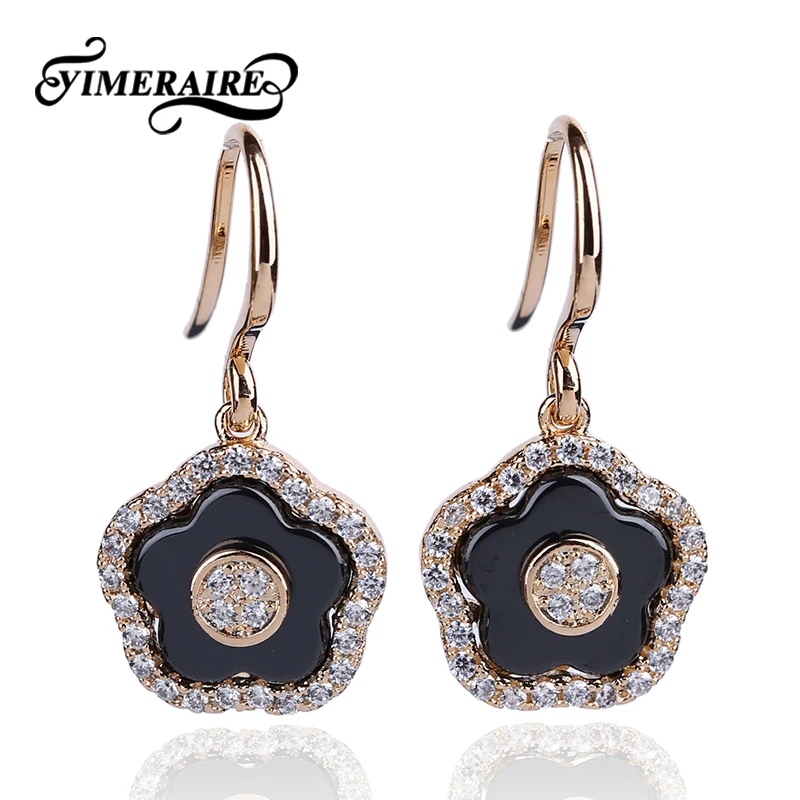 TUHE New Vintage Black Ceramic Earrings Rose Gold Silver Flower Shape With One Row Bling Crystal Women Drop Wedding | Украшения и