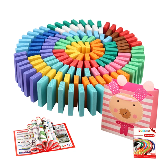 120 PCS Colored Domino Blocks Kits Gift Bag Playset Rainbow Wood Dominoes Games Montessori Toys Early Educational Toys for Kids 1