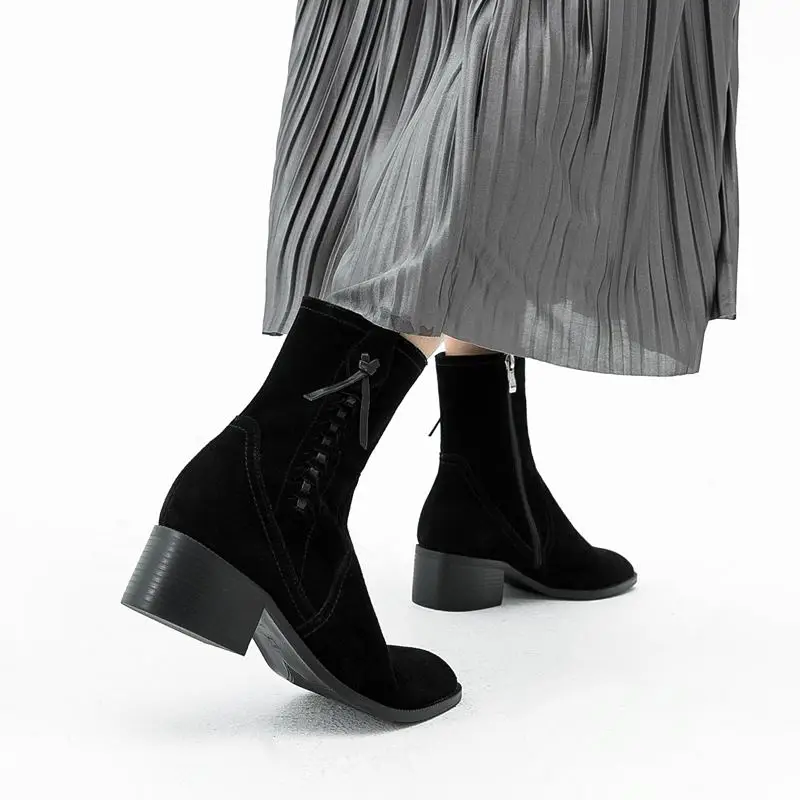 ALLBITEFO brand high heels genuine leather ankle boots for women thick heel winter/autumn leather boots women boots size:34-42