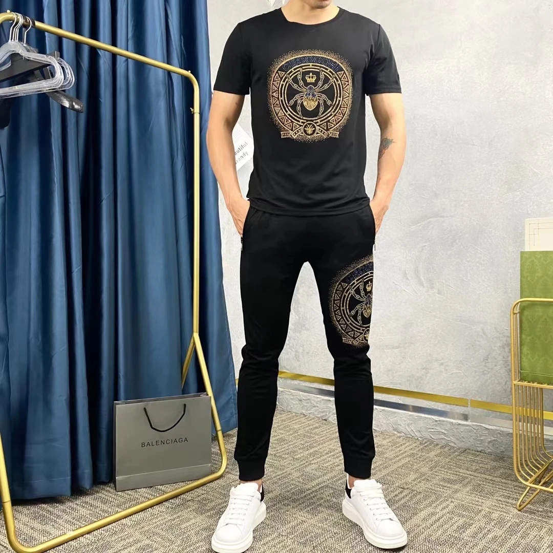 

Spring Summer New Men's Two-Piece O-Neck T-Shirt+Slim Trousers Animal Hot Drilling Fashion Black Light Track And Field Suit