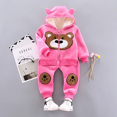 ST011-Rose Толстый теплый комплект одежды с мышкой для девочек, зимний плюшевый хлопковый комплект одежды для маленьких девочек, толстовки с капюшоном и штаны Детский костюм Одежда для маленьких мальчиков - Цвет: ST011-Rose