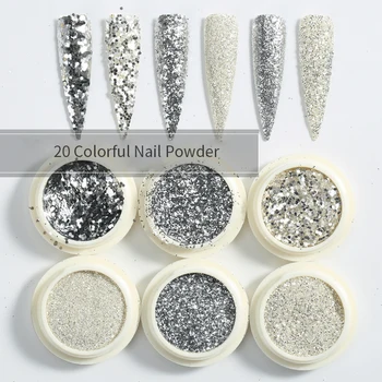 

6 Boxes/Set Silver Sequins Powder Nails Glitters Holographics Powder Polish Flakes Chrome Pigment for Nail Art Decorations