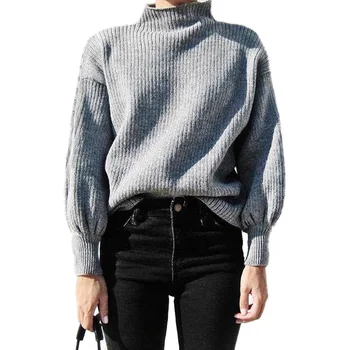 

Autumn Winter Turtle Neck Lantern Sleeve Sweater Women Casual Solid Full Sleeve Loose Knitted Sweater Female Pullover