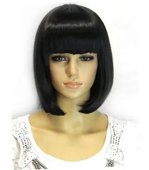

12 Inches Short Straight Bob Synthetic Wigs with Flat Bangs Yaki Natural Looking Heat Resistant Full Hair Wigs for Women Grils