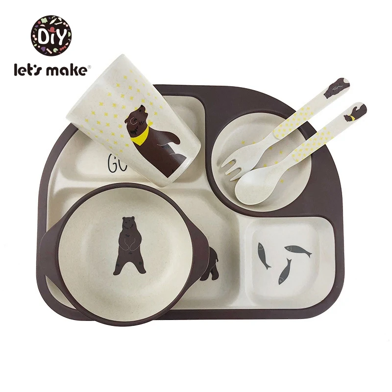 Let's Make Baby Tableware Set Safety Feeding Plate Bowl Spoon Fork Cup Cartoon Animal Food Grade Bamboo Children?s Dinnerware