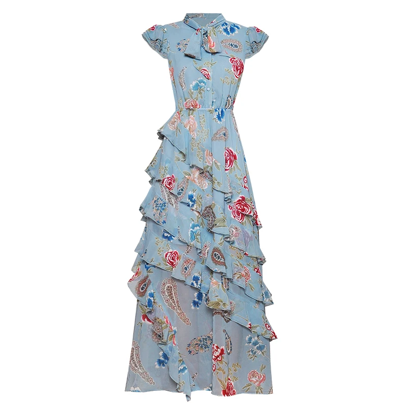 

Scarf collar Long chiffon dress with short sleeve elastic waistline printed lotus leaf edge cake skirt new summer style of 2019