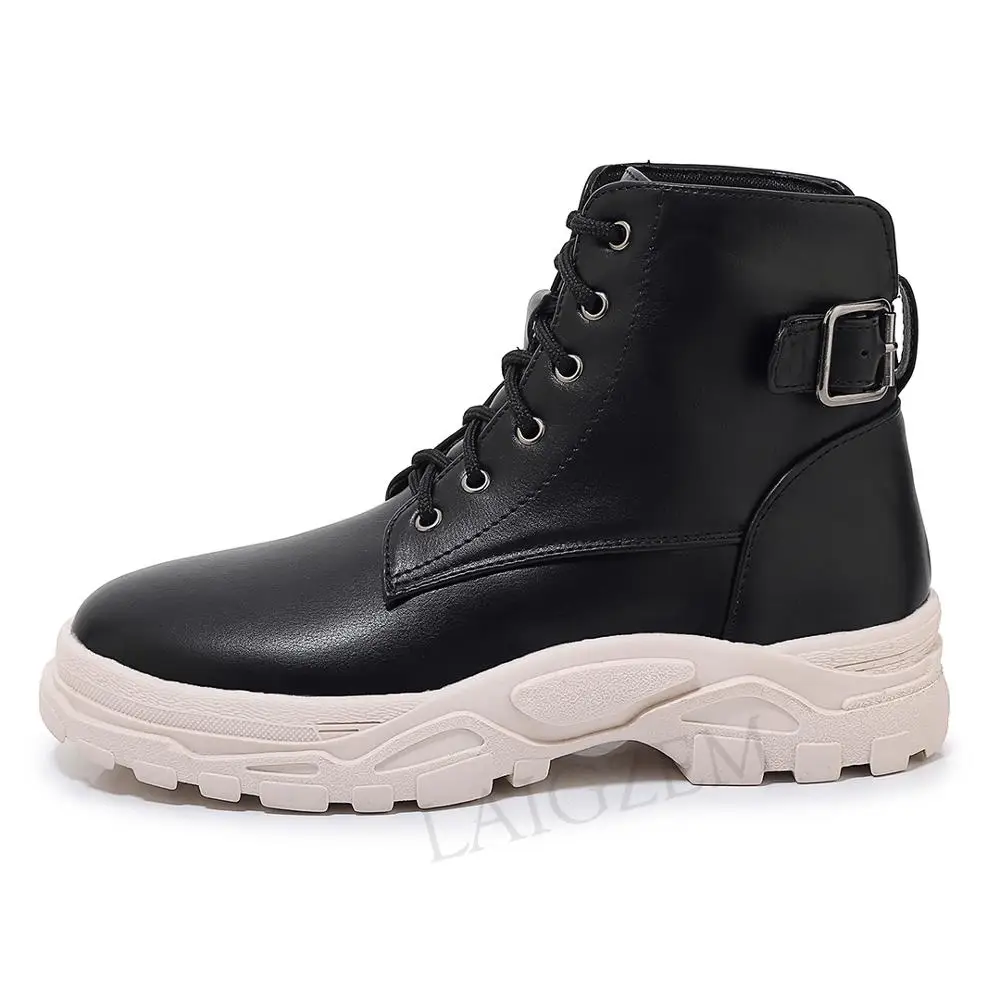 

LAIGZEM Comfort Women Ankle Boots Warm Low Heels Lace Up Boots Outdoor Autumn Winter Shoes Zapatos Botas Mujer Size 44 45 46