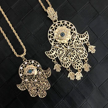 

Large Size Hand Shape Tassels Necklace Beautiful Fatima Pendant Thick Long Chain Moroccan Pearl necklace Jewelry Caftan Jewelry